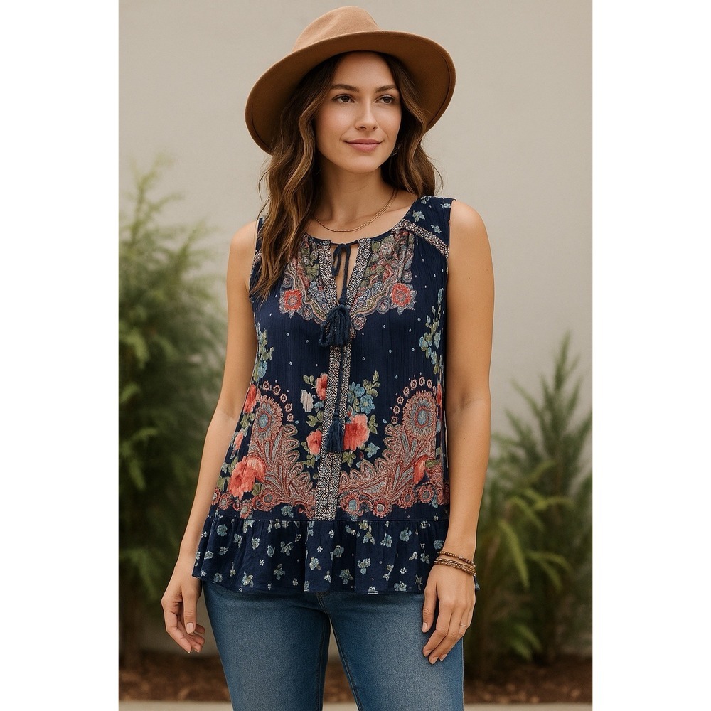 Bila Womens Tank Top Red Blue Floral Paisley Ruffle Sleeveless Small Bohemian